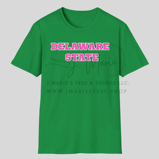 Delaware State Bold Block Tee – Pink & Green Power